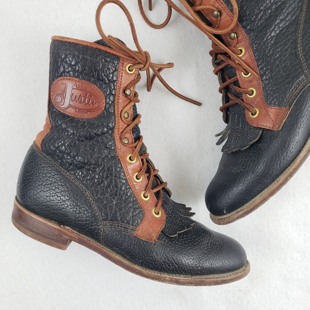 Justin Vintage Kiltie Fringe Pebbled Two Toned Leather Boots Size 6B